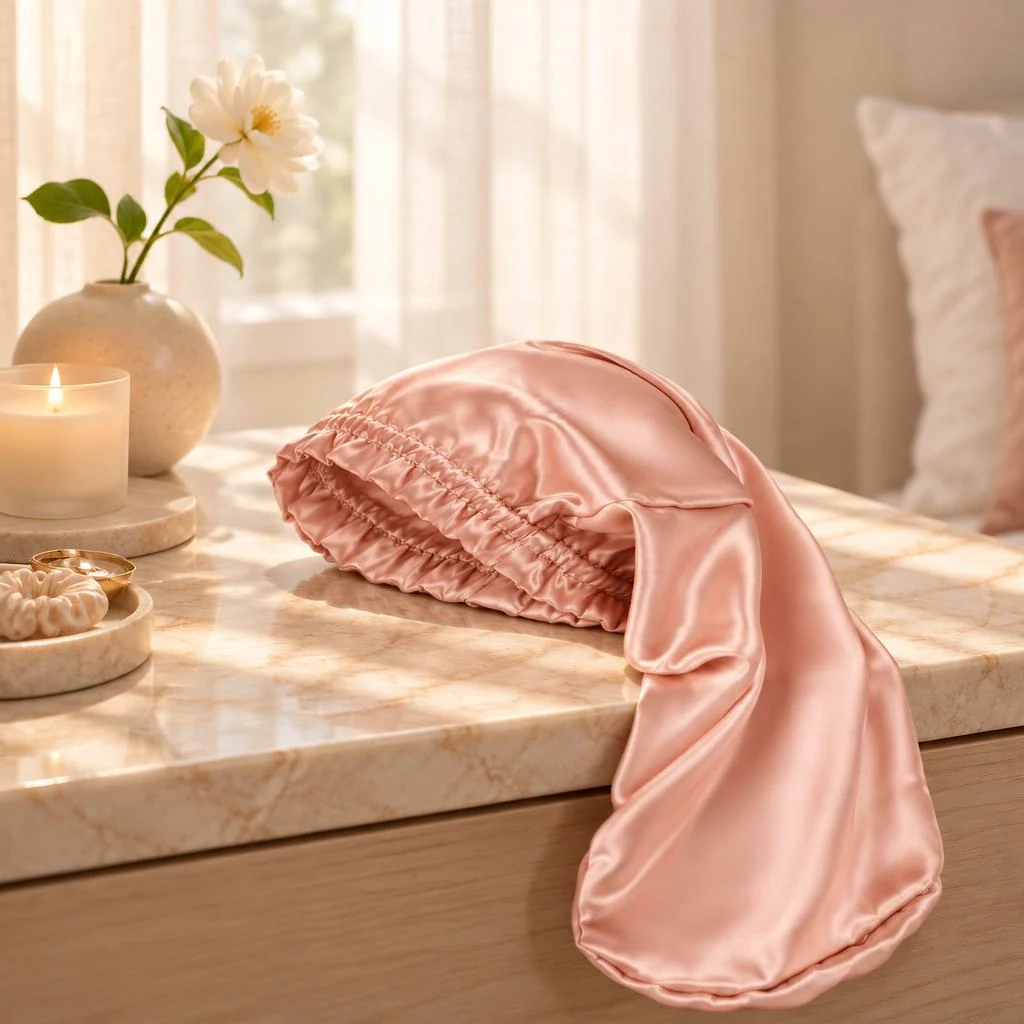 Mulberry Silk Bonnet for Long & Curly Hair - Blush Pink - Bedside vanity lifestyle photograph