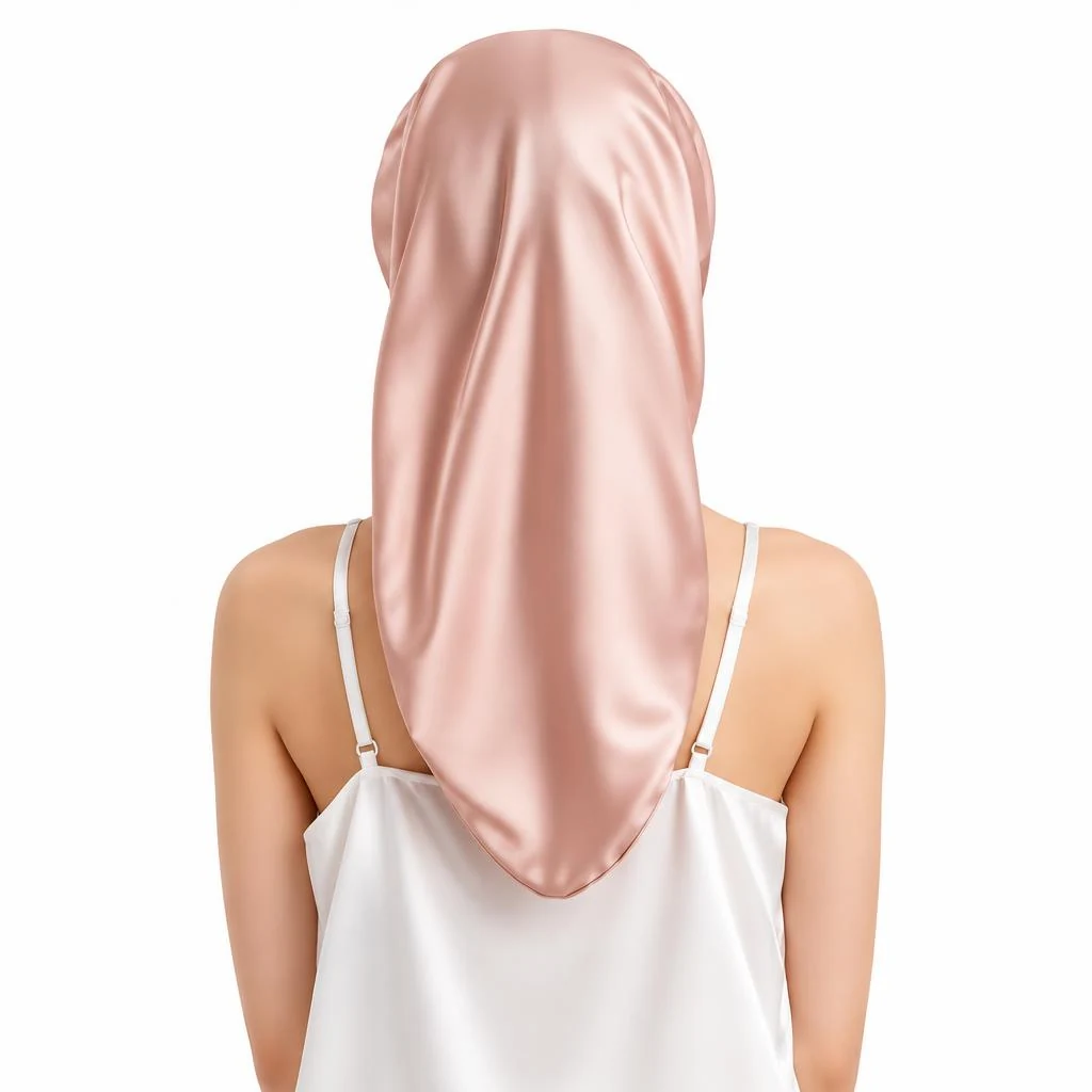 Mulberry Silk Bonnet for Long & Curly Hair - Blush Pink - Rear view length coverage photograph