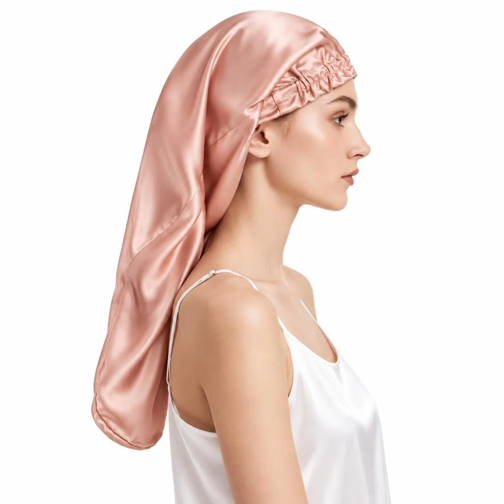 Model wearing Mulberry Silk Bonnet for Long & Curly Hair - Blush Pink