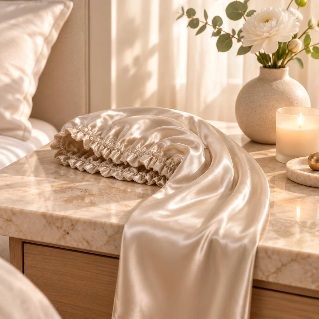 Mulberry Silk Bonnet for Long & Curly Hair - Champagne Gold - Bedside vanity lifestyle photograph