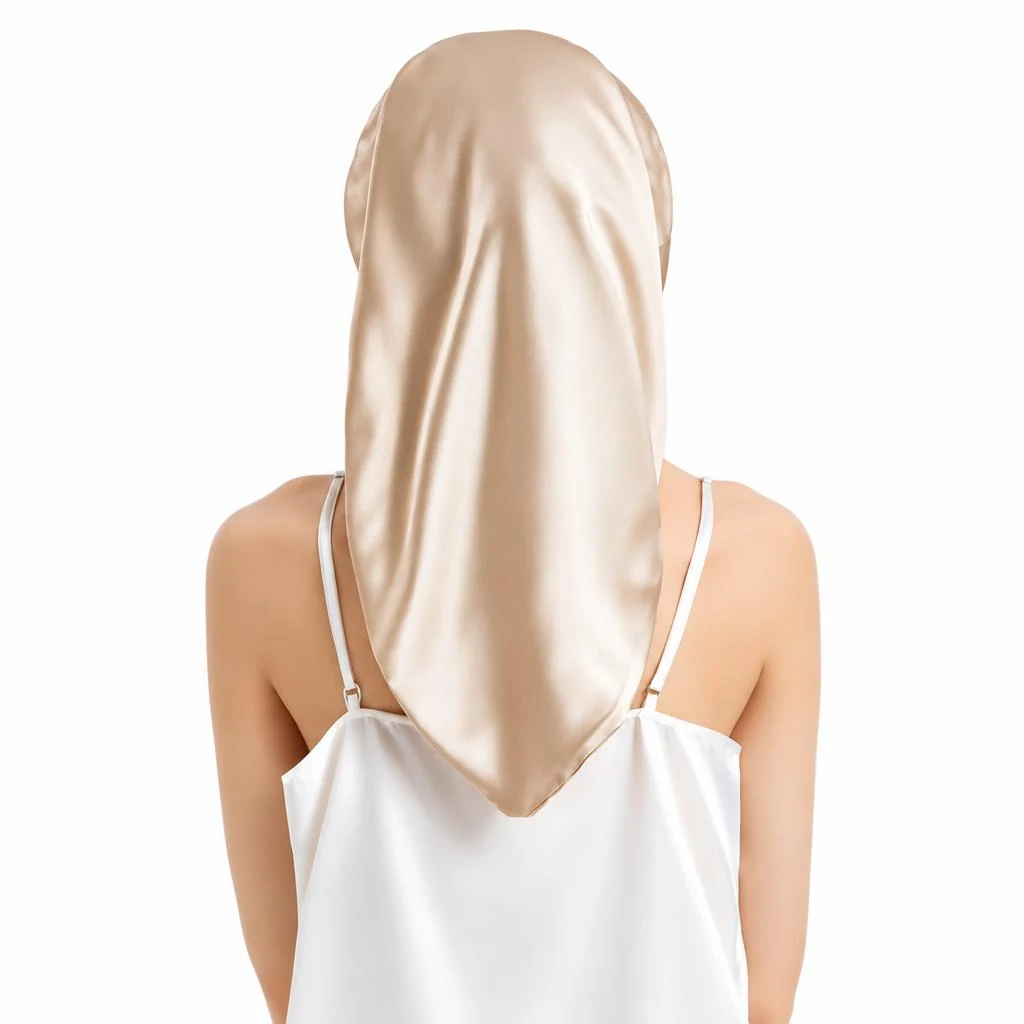 Mulberry Silk Bonnet for Long & Curly Hair - Champagne Gold - Rear view length coverage photograph