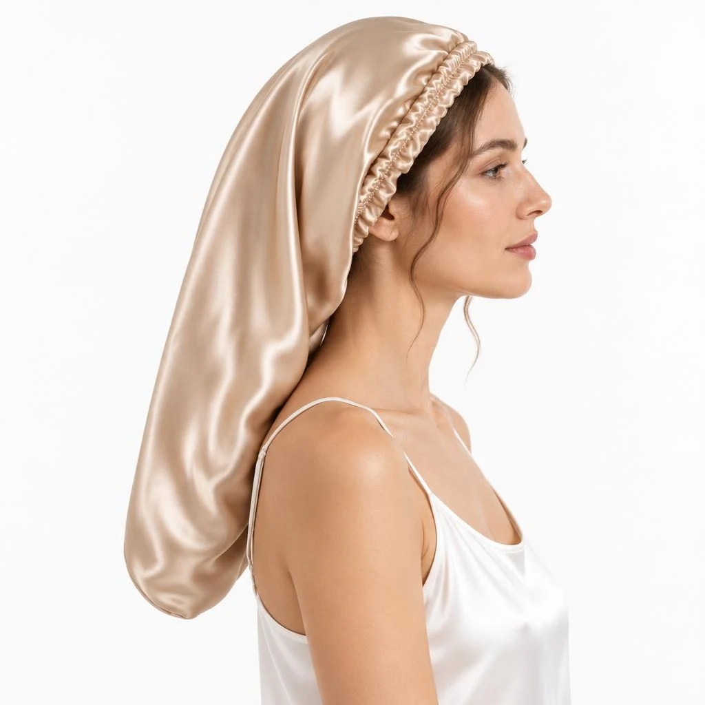 Model wearing Mulberry Silk Bonnet for Long & Curly Hair - Champagne Gold