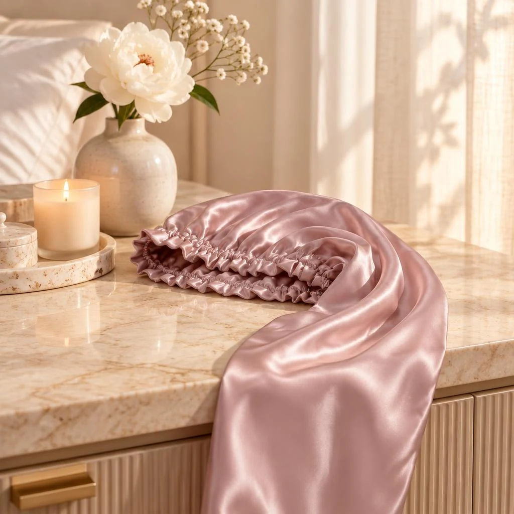 Mulberry Silk Bonnet for Long & Curly Hair - Dusty Rose - Bedside vanity lifestyle photograph