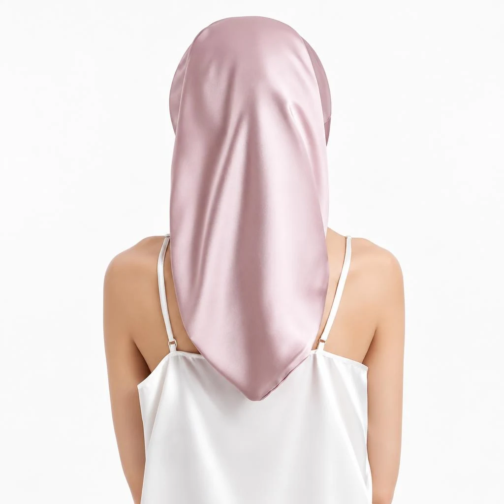 Mulberry Silk Bonnet for Long & Curly Hair - Dusty Rose - Rear view length coverage photograph