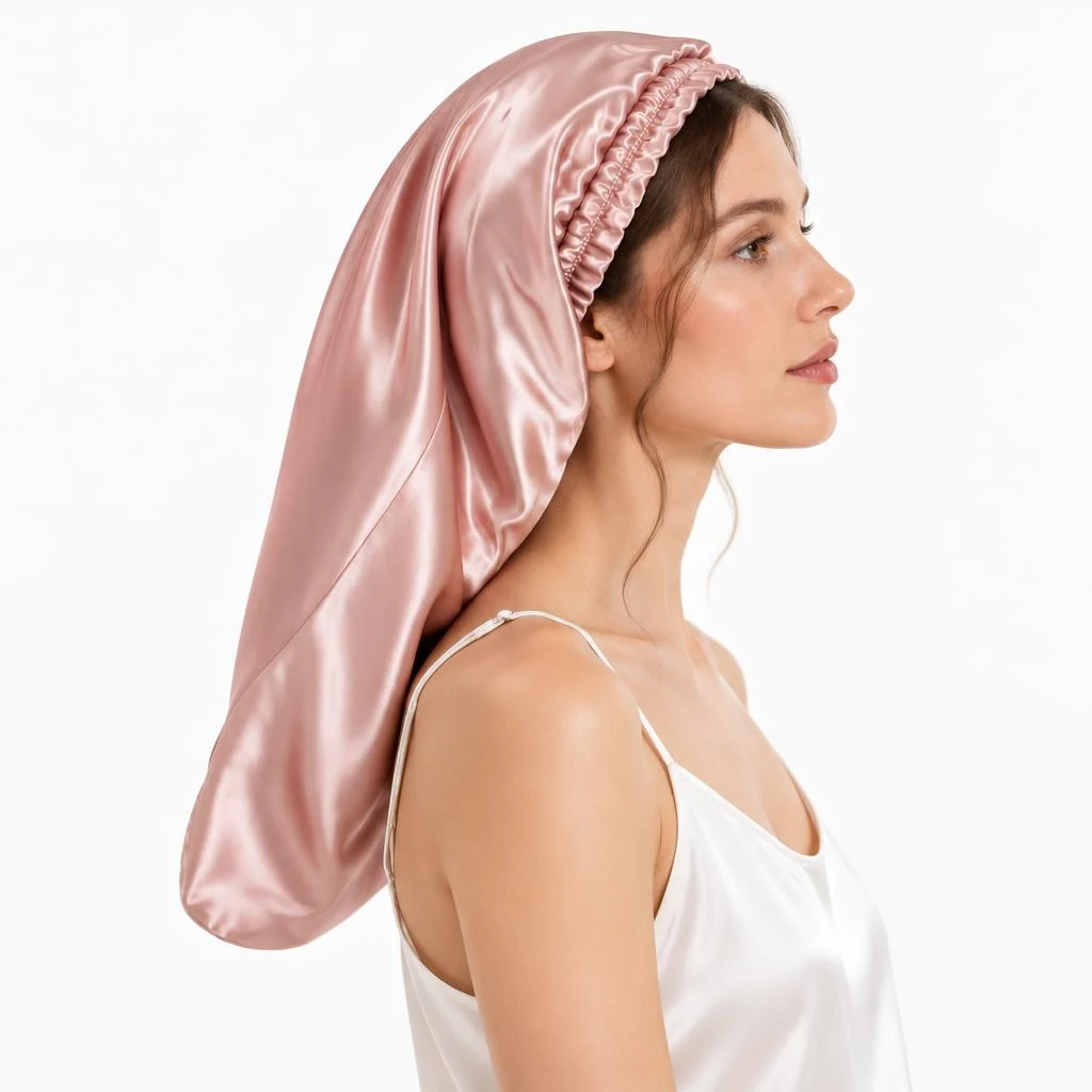 Model wearing Mulberry Silk Bonnet for Long & Curly Hair - Dusty Rose