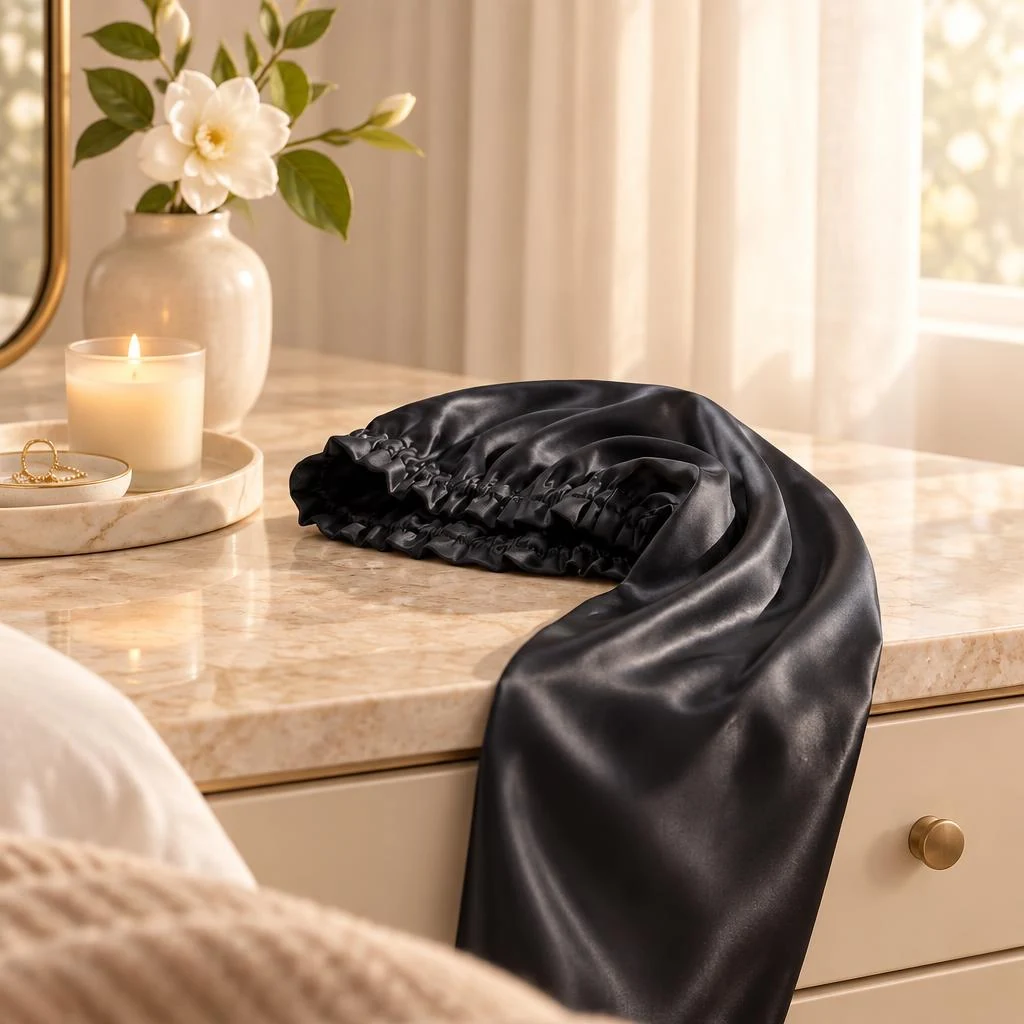 Mulberry Silk Bonnet for Long & Curly Hair - Midnight Black - Bedside vanity lifestyle photograph