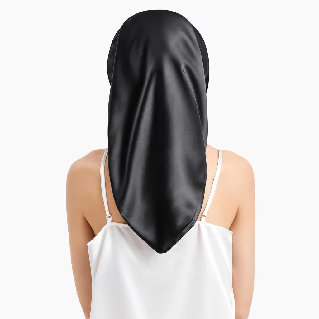 Mulberry Silk Bonnet for Long & Curly Hair - Midnight Black - Rear view length coverage photograph