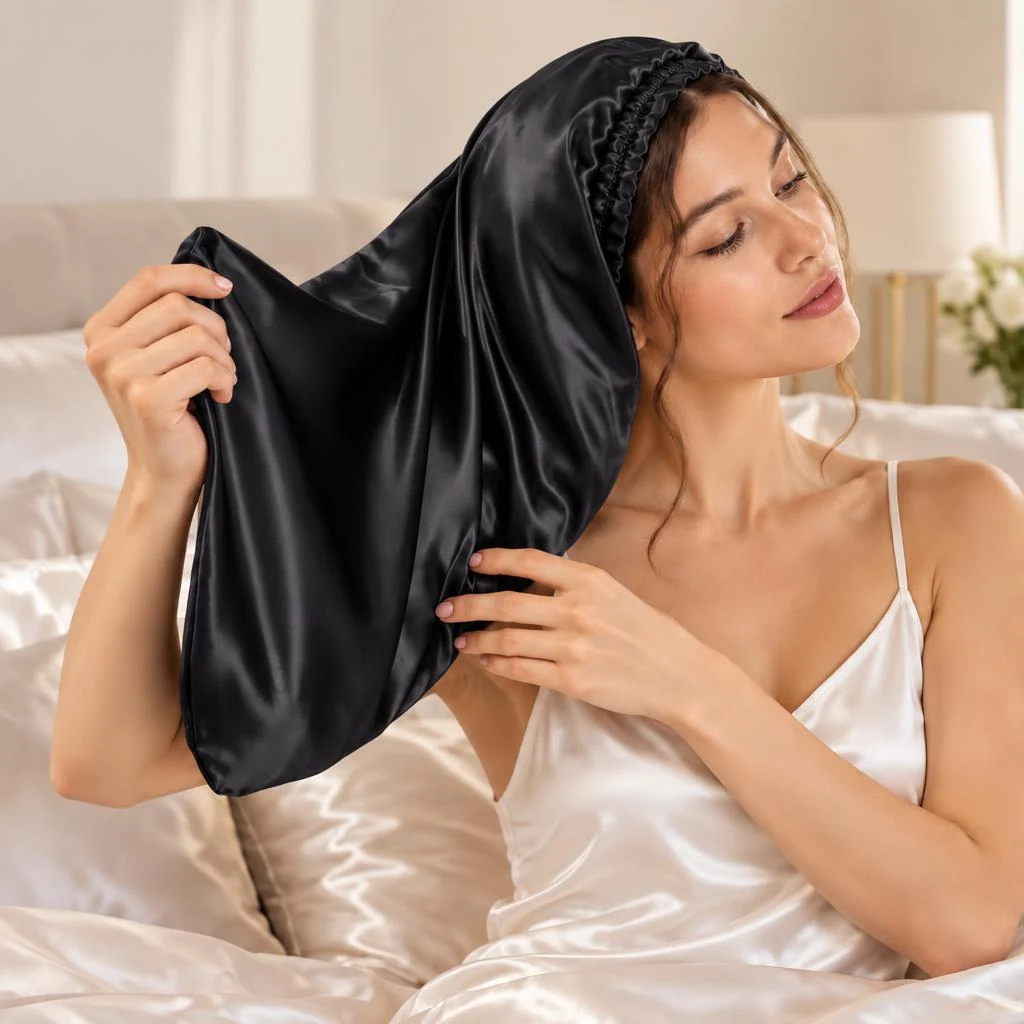 Mulberry Silk Bonnet for Long & Curly Hair - Midnight Black - Gather and tuck wearing demonstration