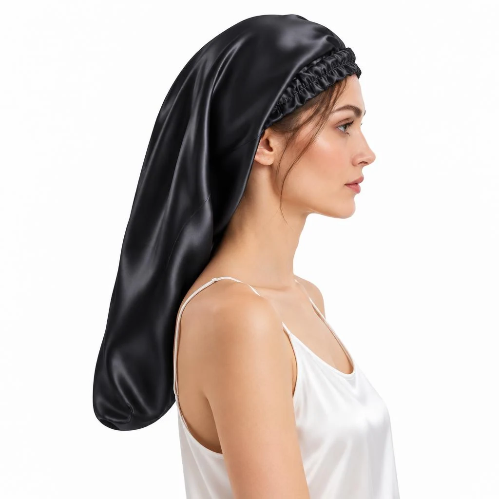 Model wearing Mulberry Silk Bonnet for Long & Curly Hair - Midnight Black