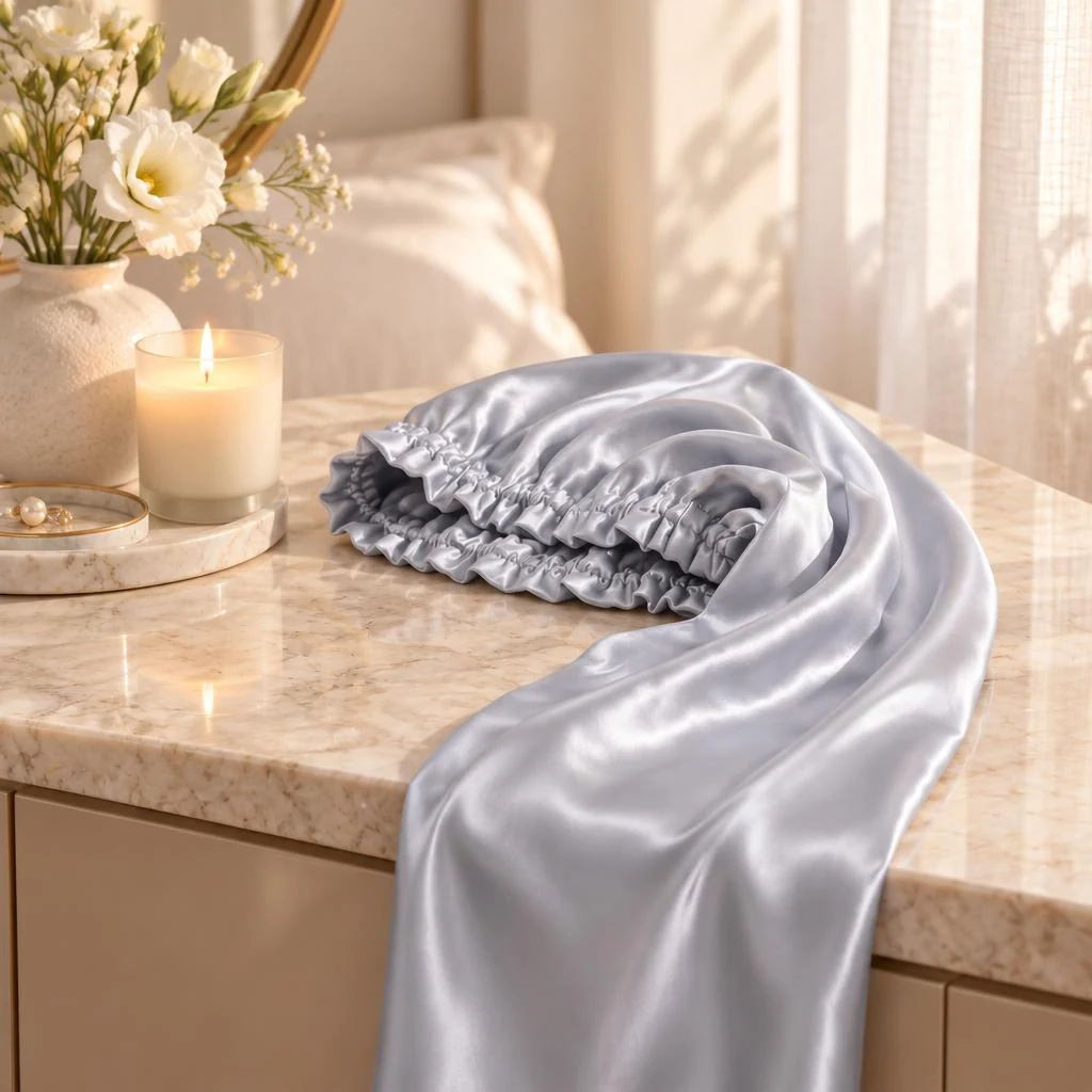 Mulberry Silk Bonnet for Long & Curly Hair - Silver Mist - Bedside vanity lifestyle photograph