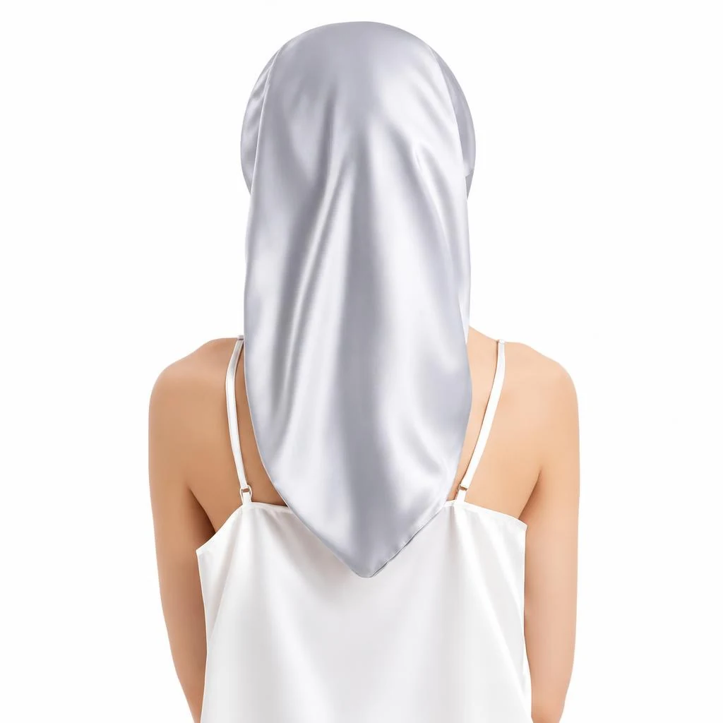 Mulberry Silk Bonnet for Long & Curly Hair - Silver Mist - Rear view length coverage photograph