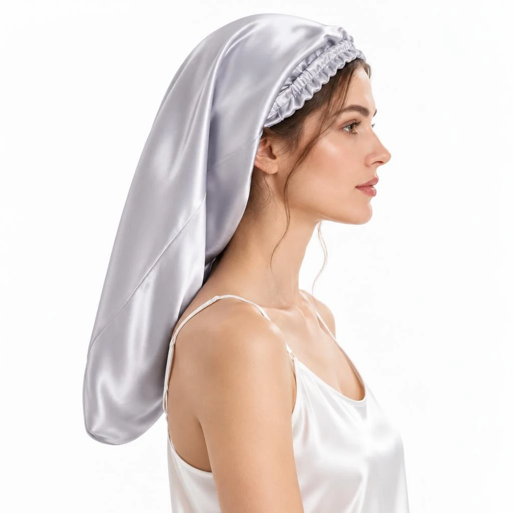 Model wearing Mulberry Silk Bonnet for Long & Curly Hair - Silver Mist