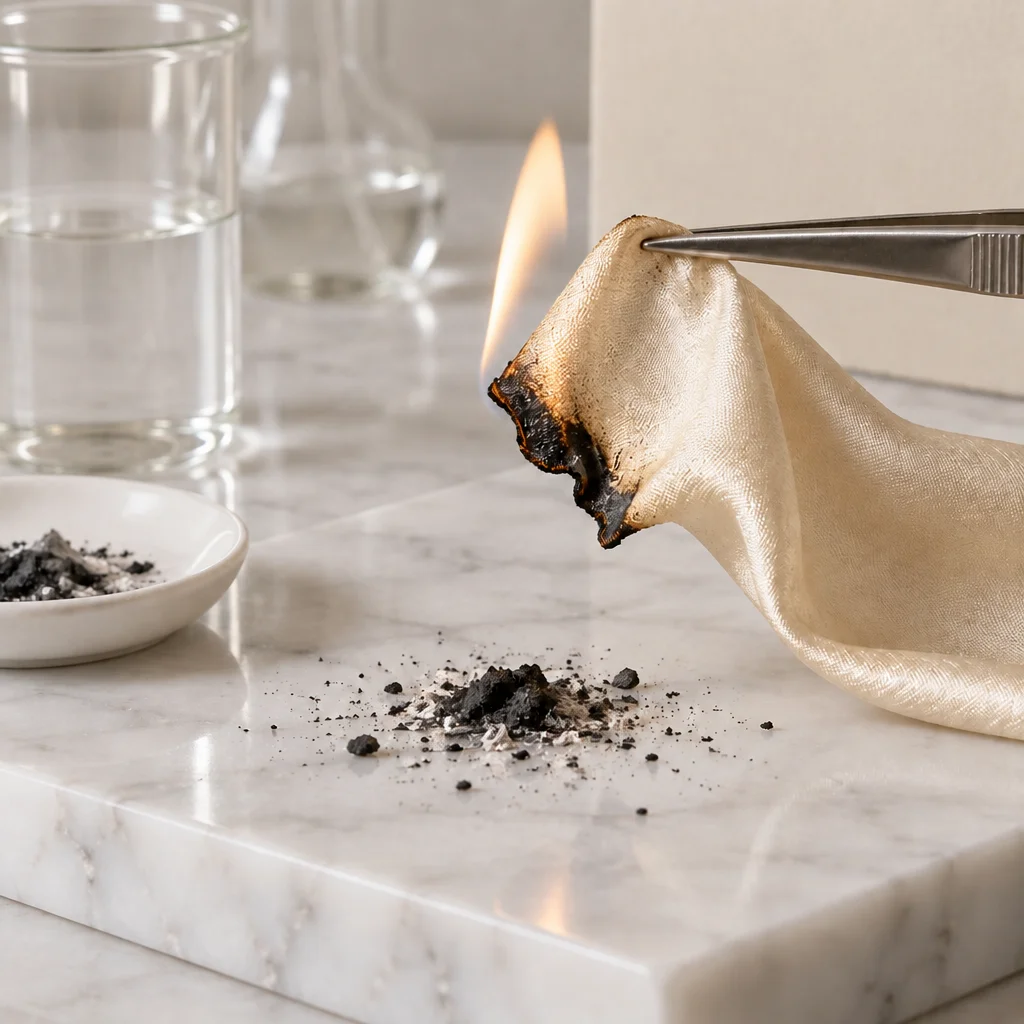 Illustration of pure silk burning and leaving soft ash