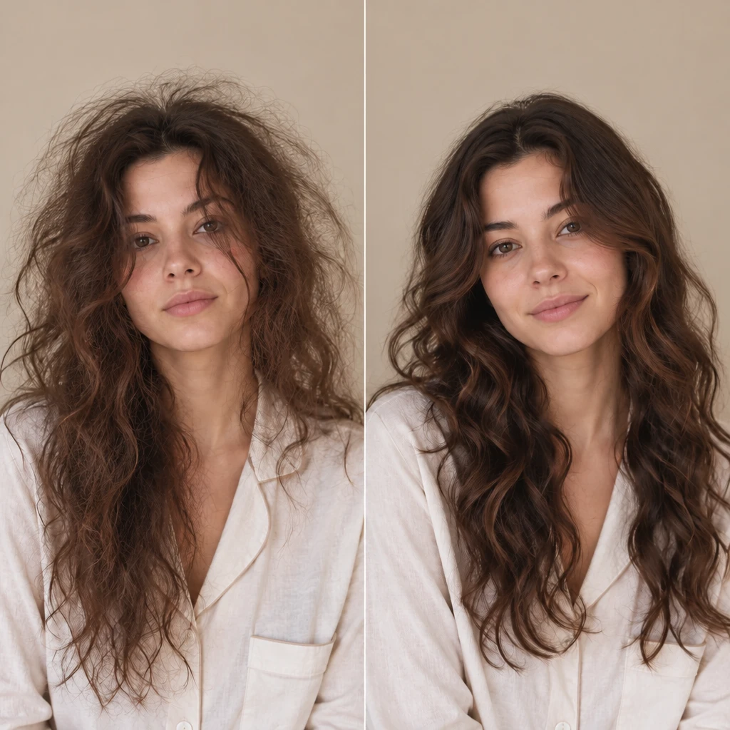 Morning hair comparison before and after sleeping with a mulberry silk bonnet