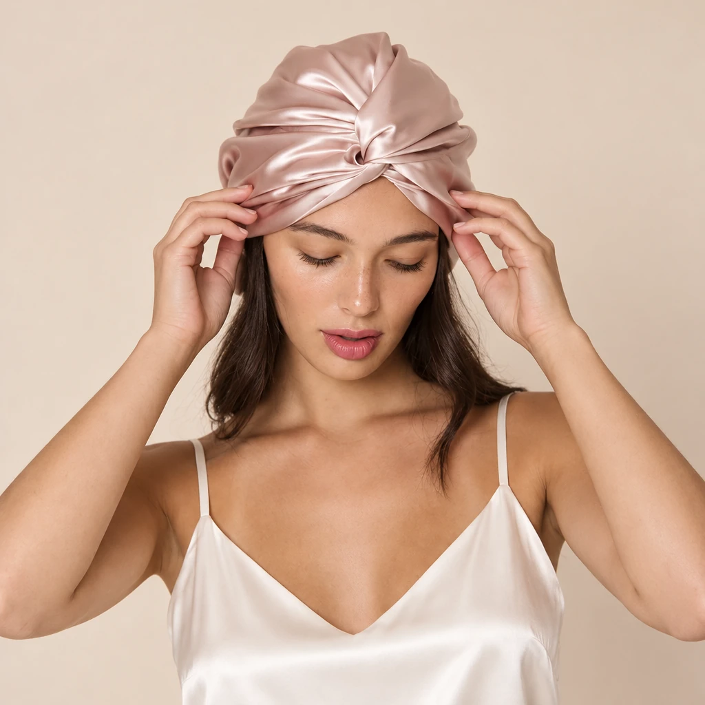 Model wearing Standard Mulberry Silk Bonnet - Blush Pink