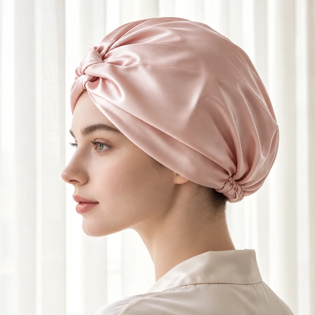 Standard Mulberry Silk Bonnet - Blush Pink - Side-profile contour and fit photograph
