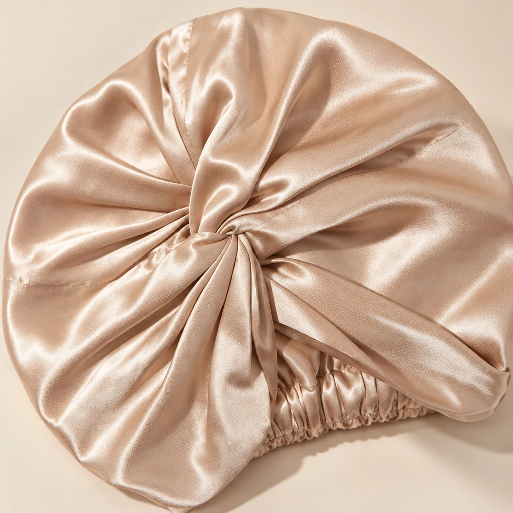 Standard Mulberry Silk Bonnet - Champagne Gold - Criss-cross knot and silk texture detail