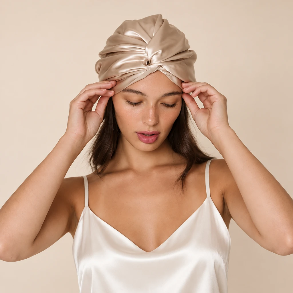 Model wearing Standard Mulberry Silk Bonnet - Champagne Gold