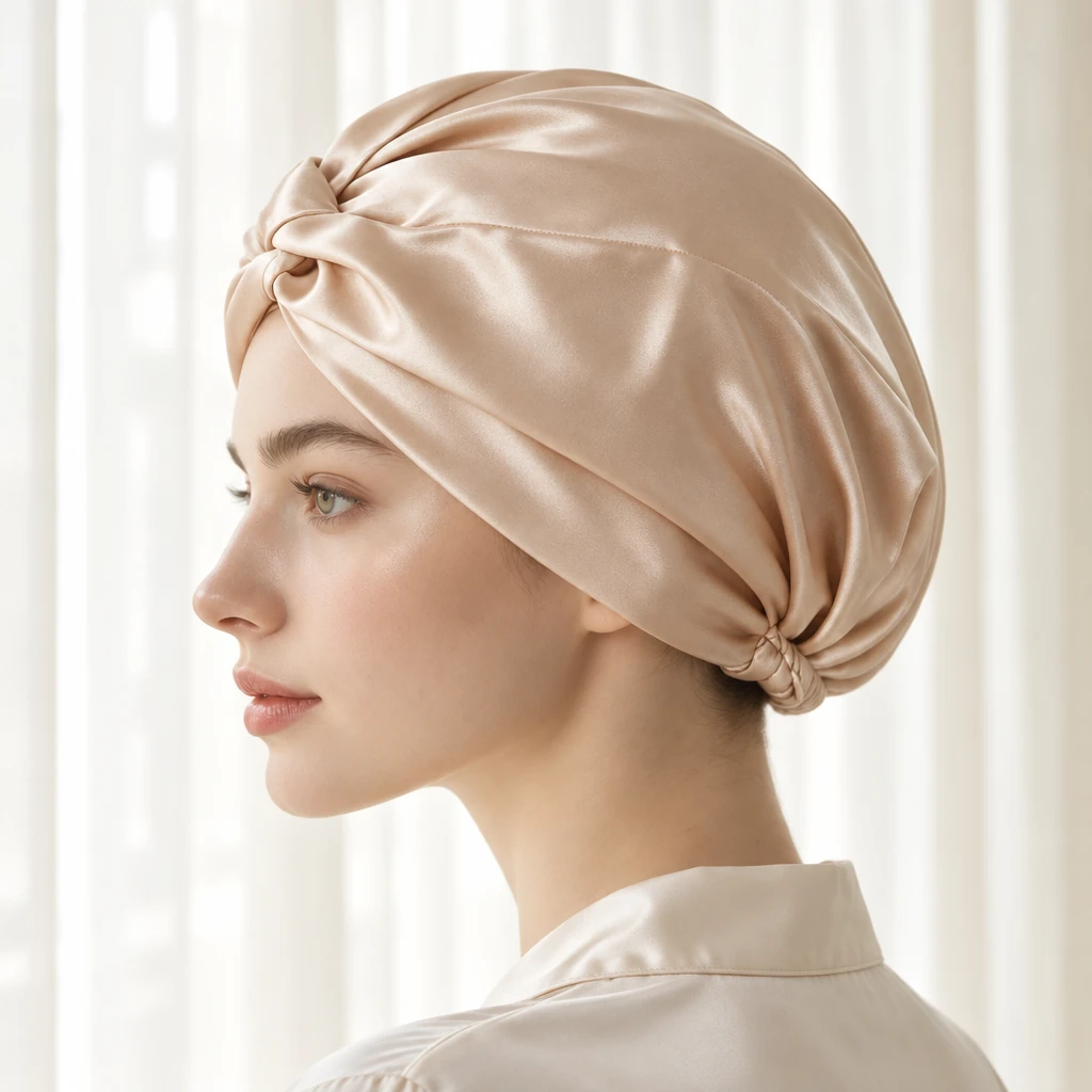 Standard Mulberry Silk Bonnet - Champagne Gold - Side-profile contour and fit photograph