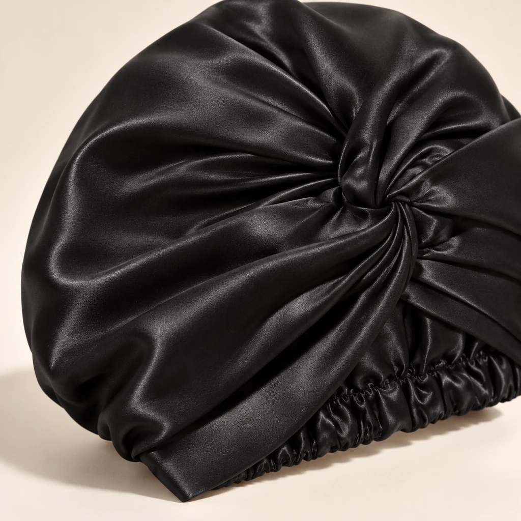 Standard Mulberry Silk Bonnet - Midnight Black - Criss-cross knot and silk texture detail