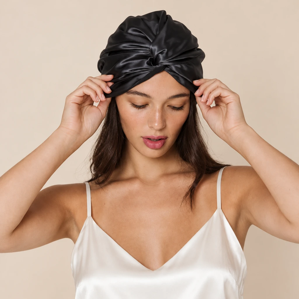 Model wearing Standard Mulberry Silk Bonnet - Midnight Black
