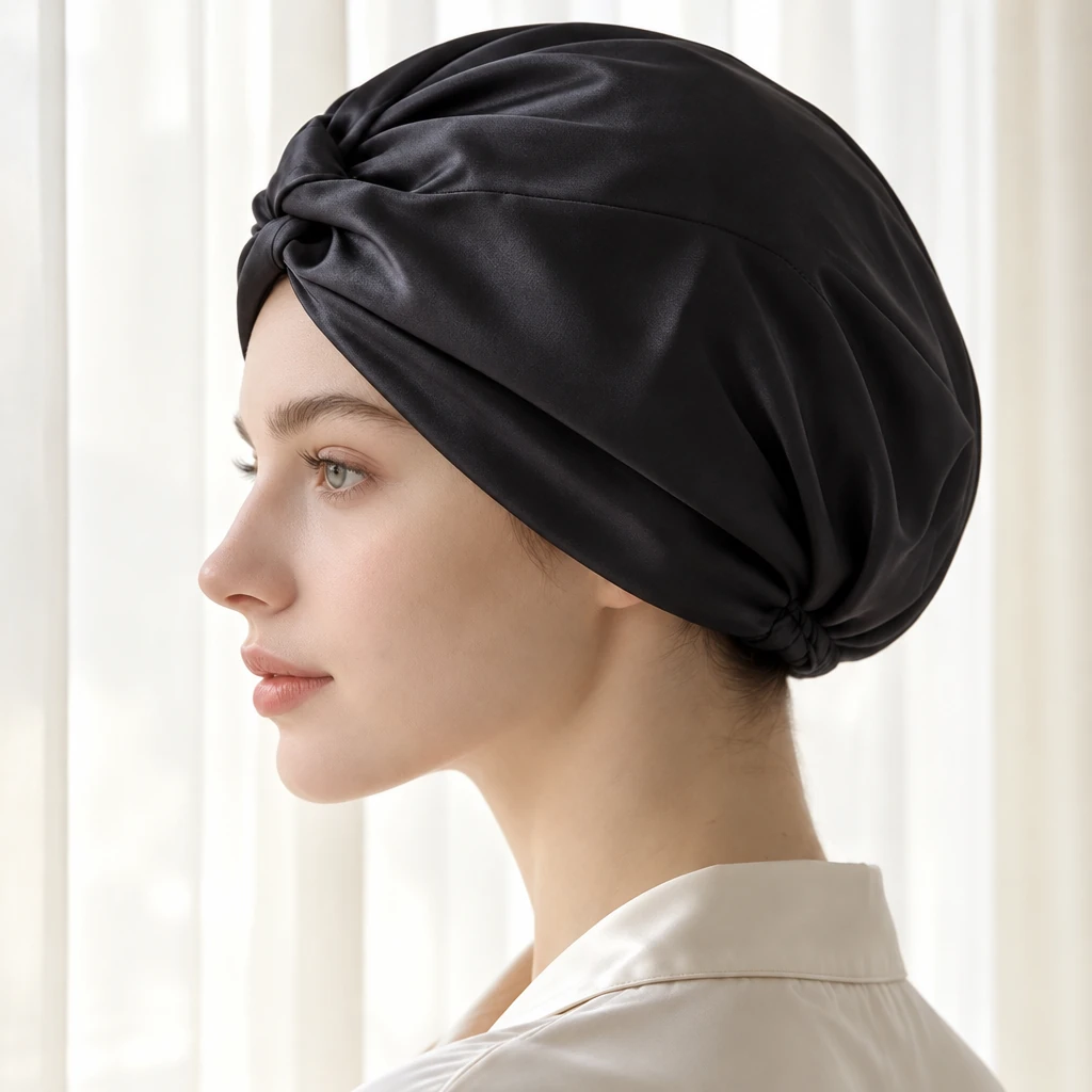Standard Mulberry Silk Bonnet - Midnight Black - Side-profile contour and fit photograph