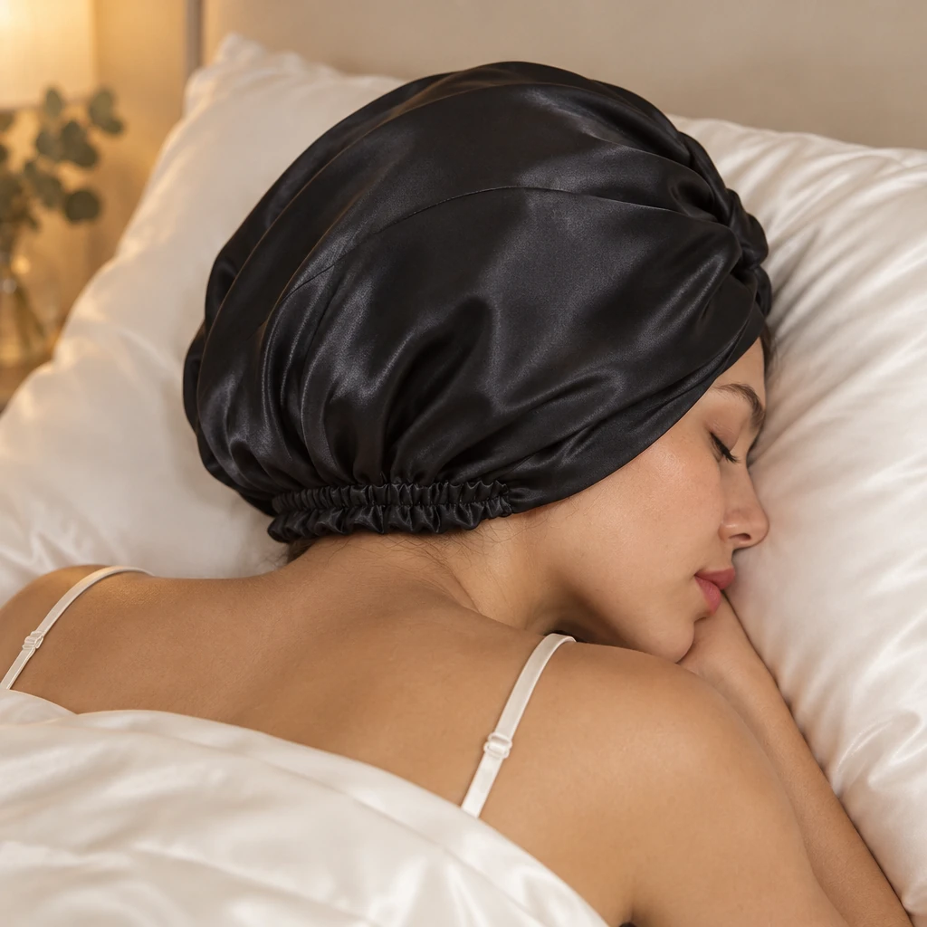 Standard Mulberry Silk Bonnet - Midnight Black - Bedtime sleep hair coverage photograph