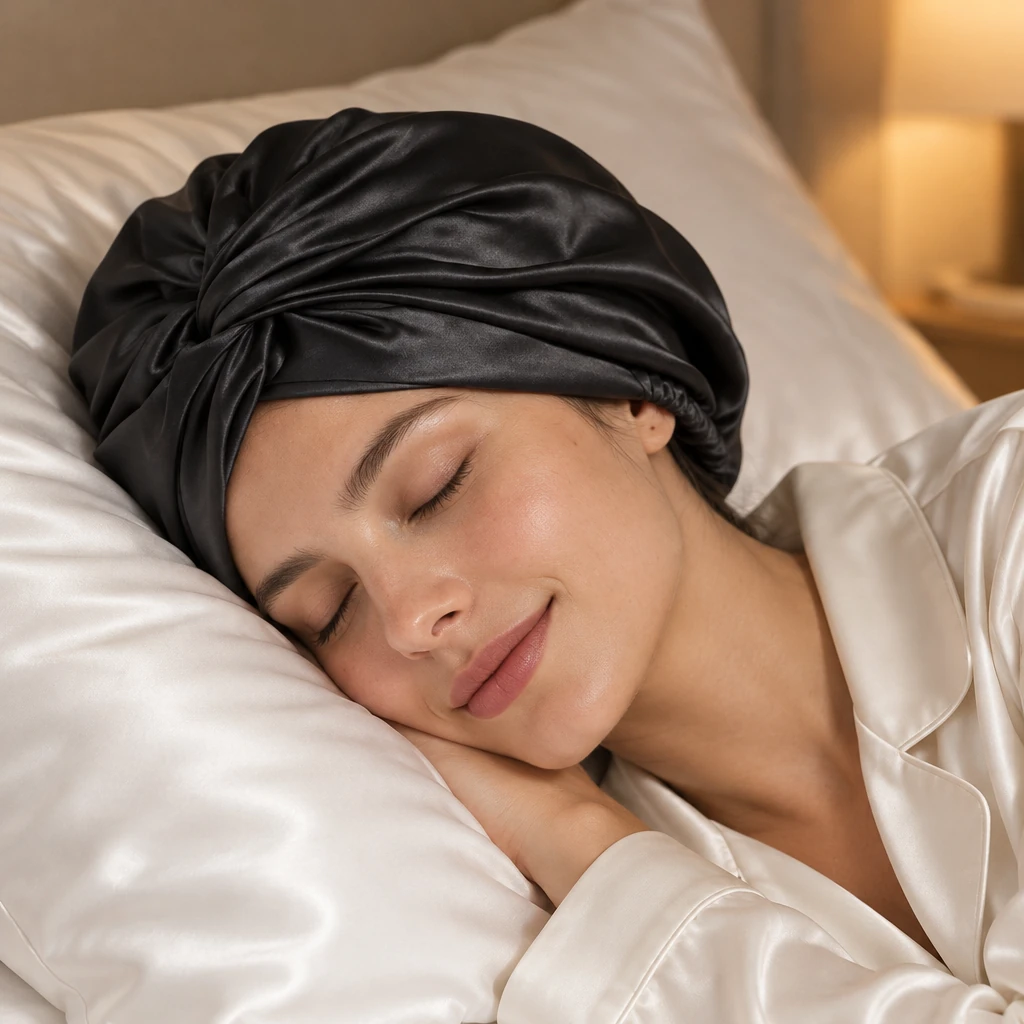 Standard Mulberry Silk Bonnet - Midnight Black - Serene bedtime sleep comfort photograph
