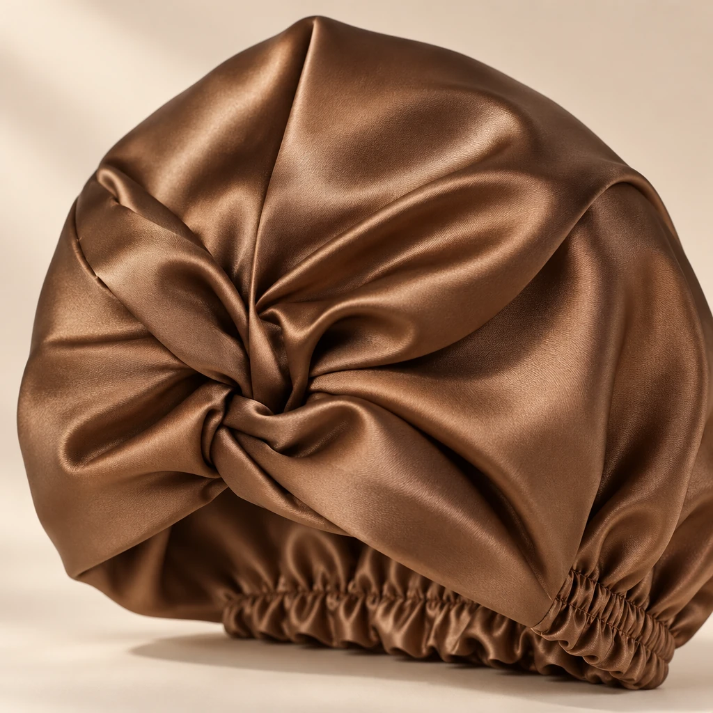 Standard Mulberry Silk Bonnet - Mocha Brown - Criss-cross knot and silk texture detail