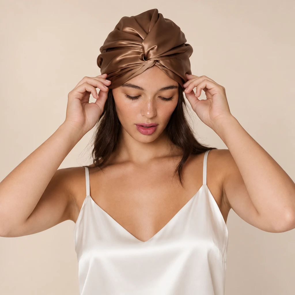 Model wearing Standard Mulberry Silk Bonnet - Mocha Brown