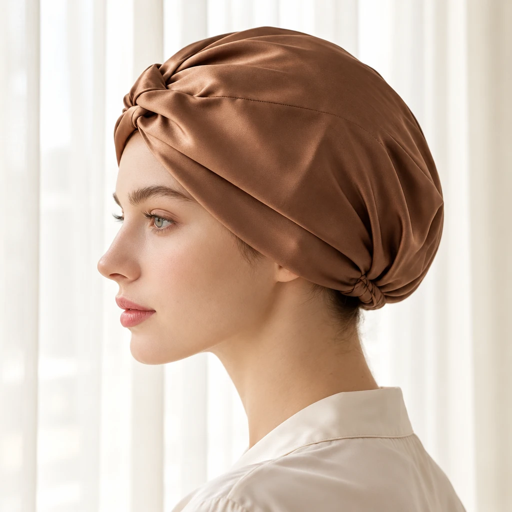 Standard Mulberry Silk Bonnet - Mocha Brown - Side-profile contour and fit photograph