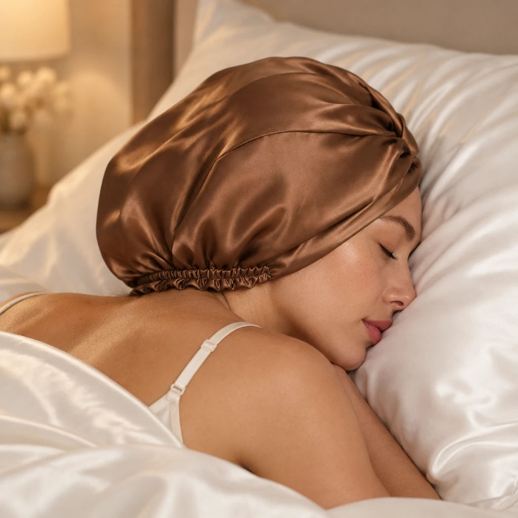 Standard Mulberry Silk Bonnet - Mocha Brown - Bedtime sleep hair coverage photograph