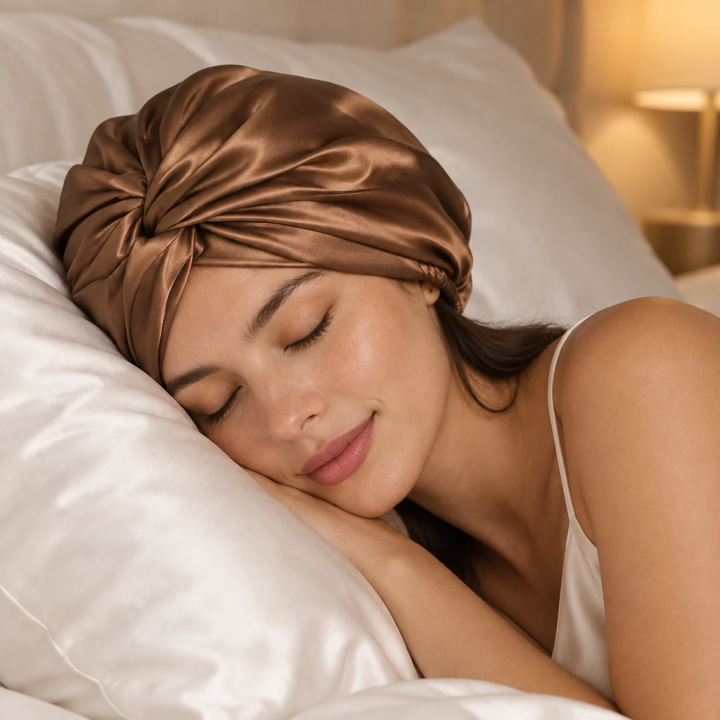 Standard Mulberry Silk Bonnet - Mocha Brown - Serene bedtime sleep comfort photograph