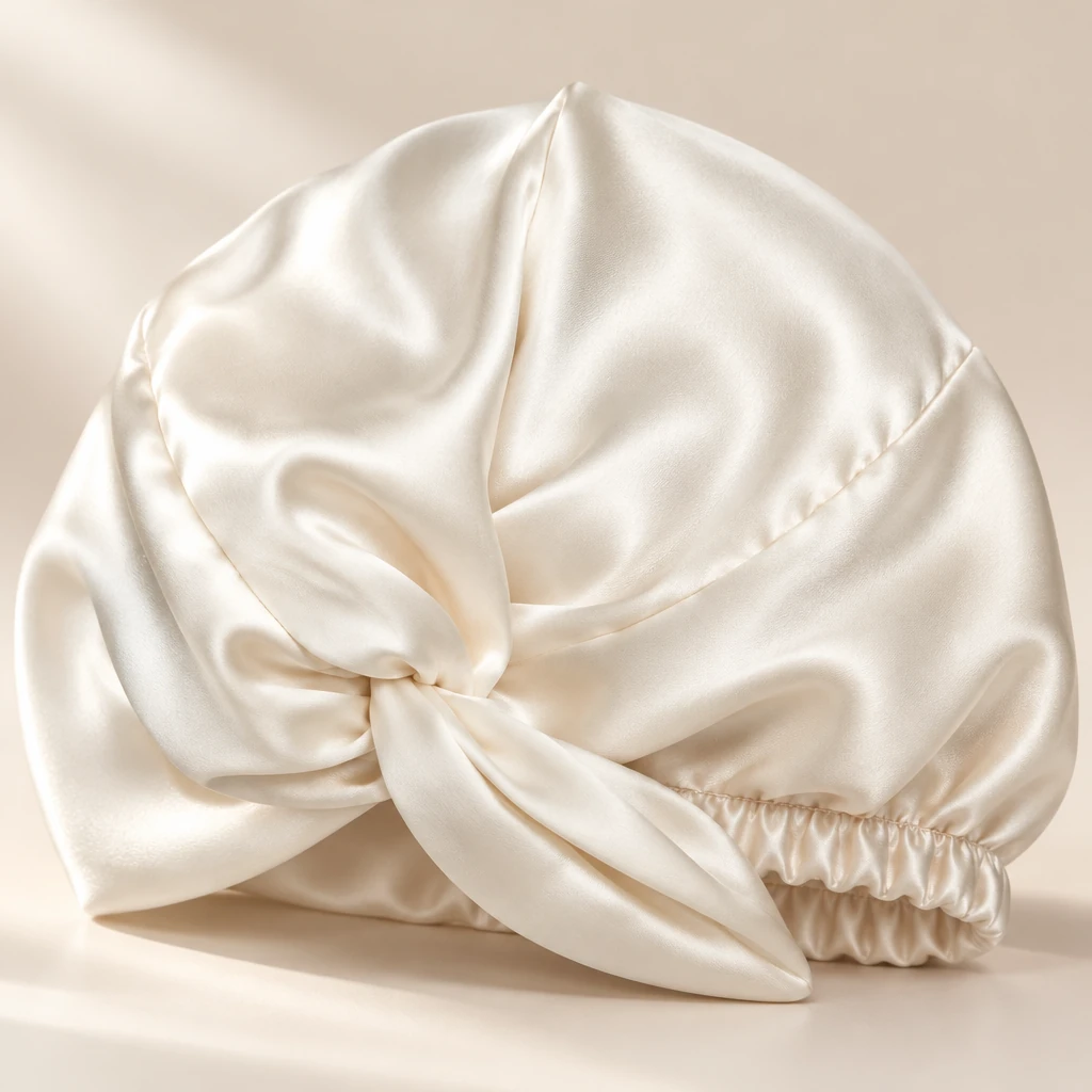 Standard Mulberry Silk Bonnet - Pearl White - Criss-cross knot and silk texture detail