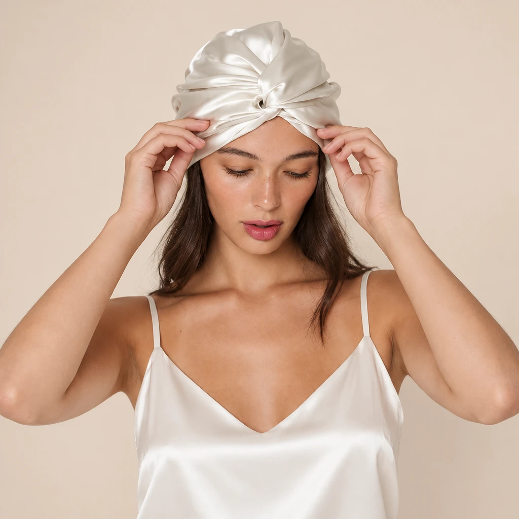 Model wearing Standard Mulberry Silk Bonnet - Pearl White