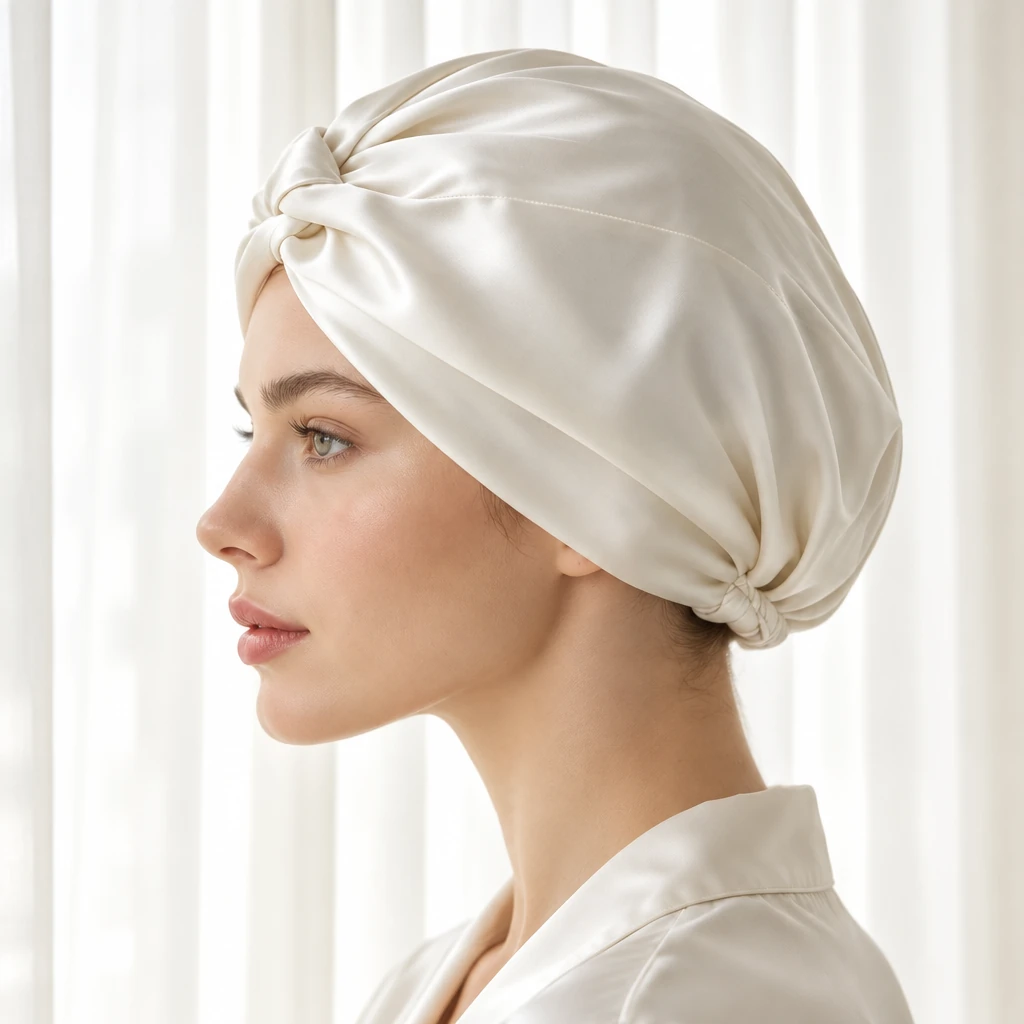 Standard Mulberry Silk Bonnet - Pearl White - Side-profile contour and fit photograph