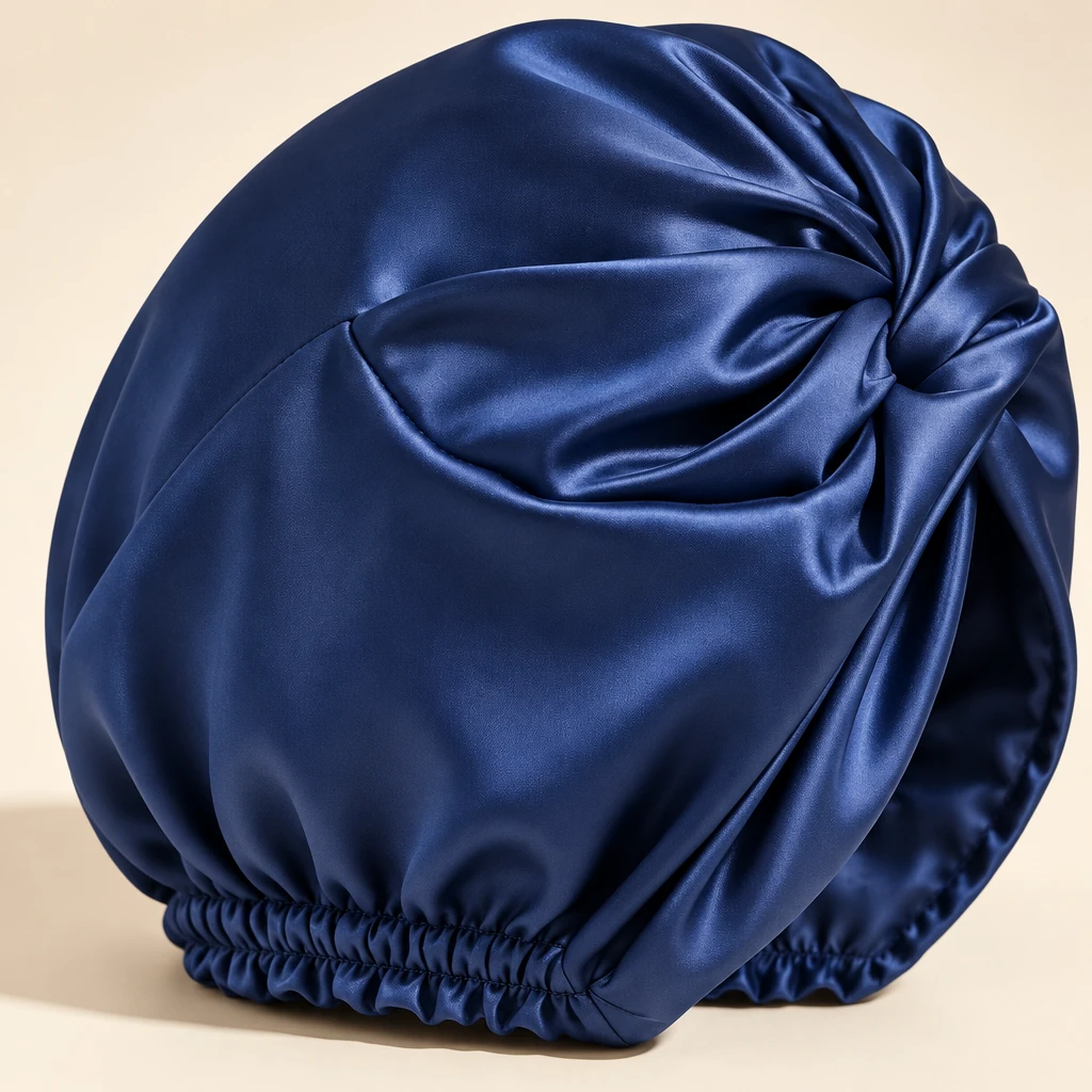 Standard Mulberry Silk Bonnet - Royal Navy Blue - Criss-cross knot and silk texture detail