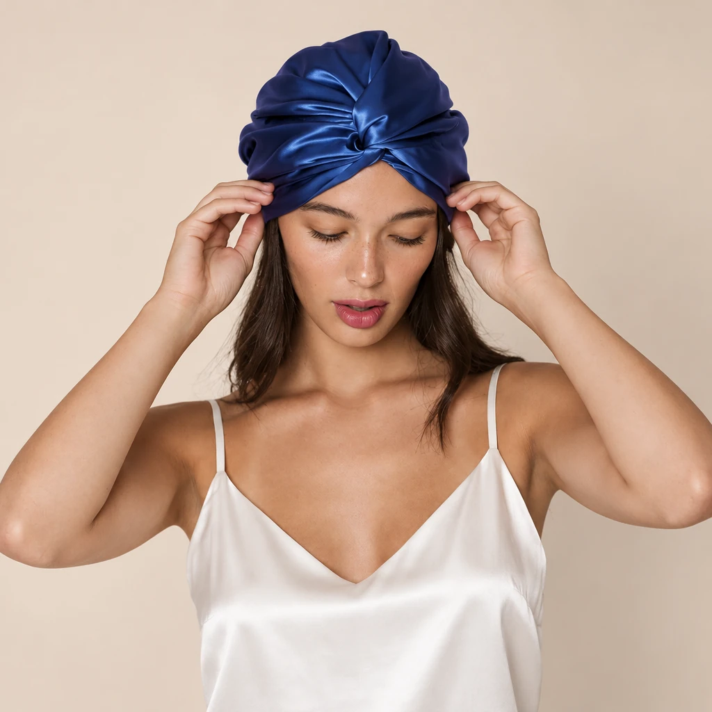 Model wearing Standard Mulberry Silk Bonnet - Royal Navy Blue