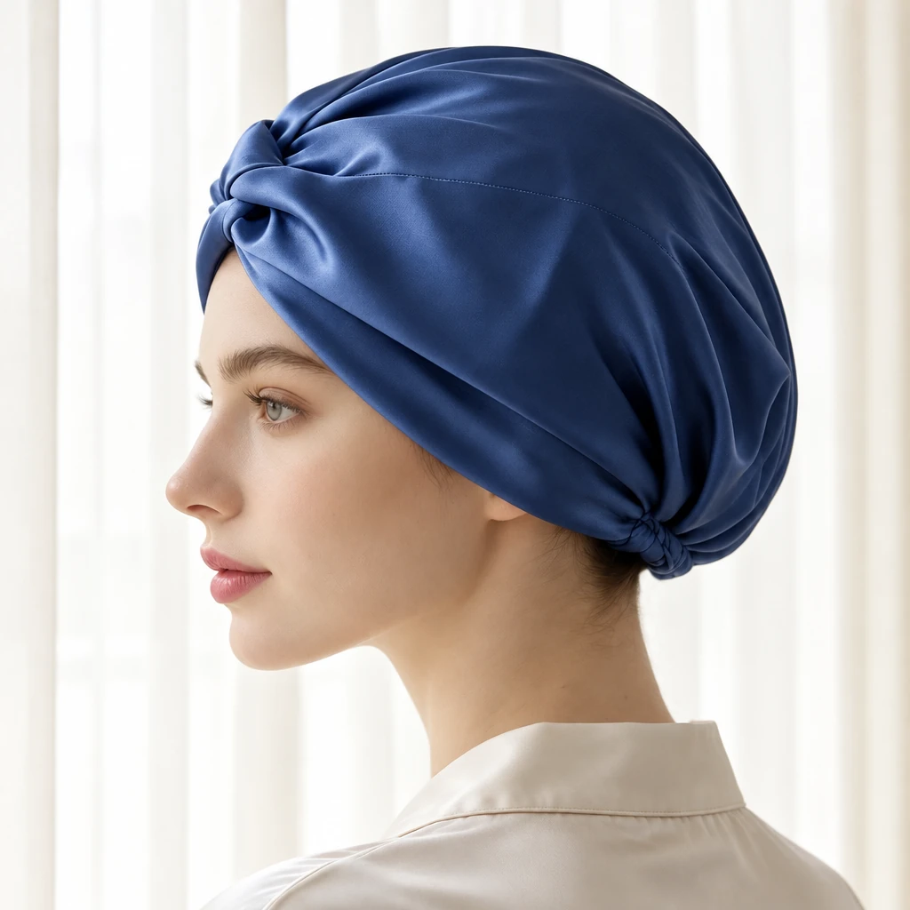 Standard Mulberry Silk Bonnet - Royal Navy Blue - Side-profile contour and fit photograph