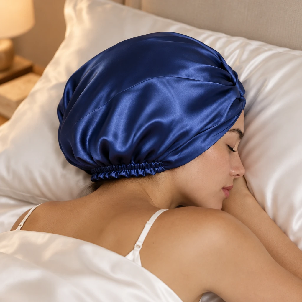 Standard Mulberry Silk Bonnet - Royal Navy Blue - Bedtime sleep hair coverage photograph