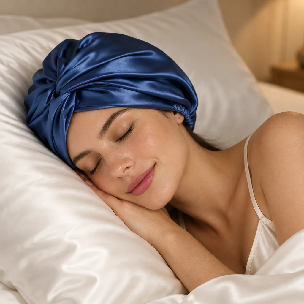 Standard Mulberry Silk Bonnet - Royal Navy Blue - Serene bedtime sleep comfort photograph