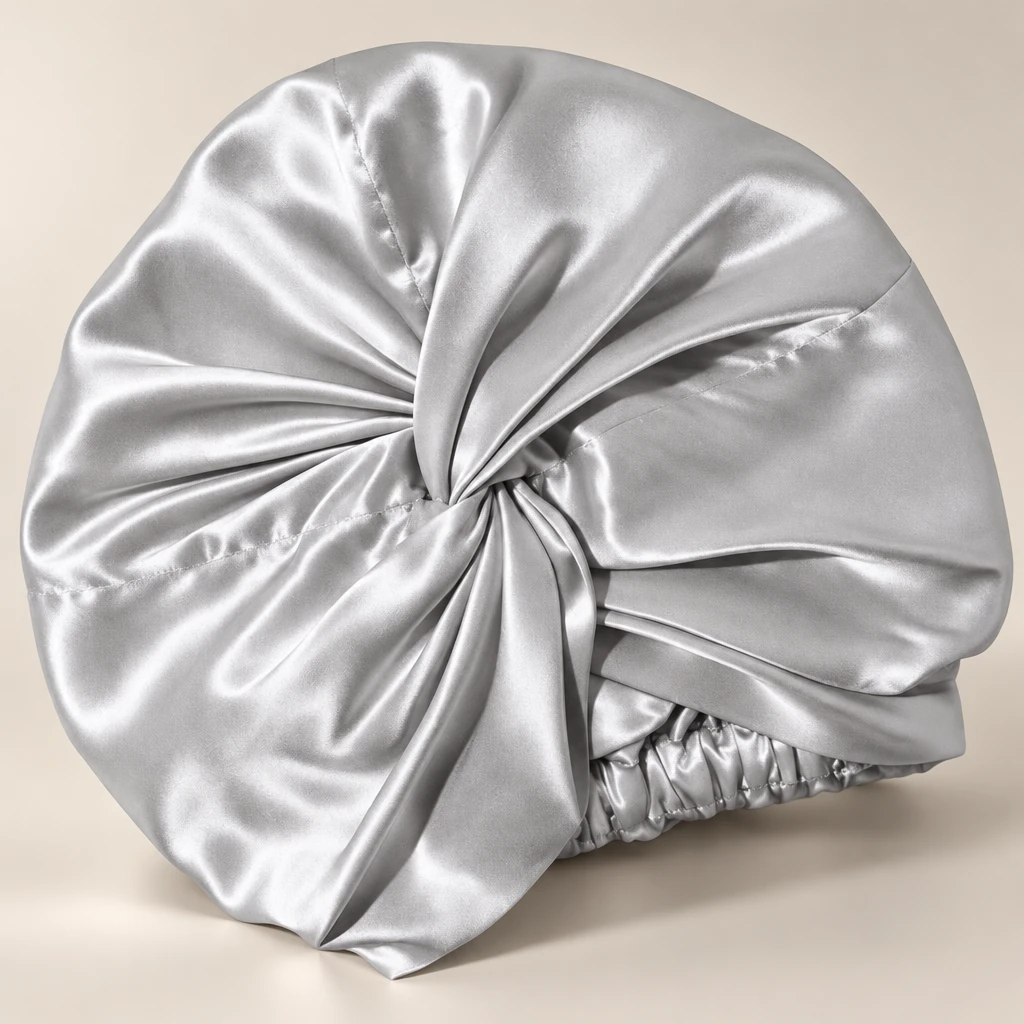 Standard Mulberry Silk Bonnet - Silver Mist - Criss-cross knot and silk texture detail