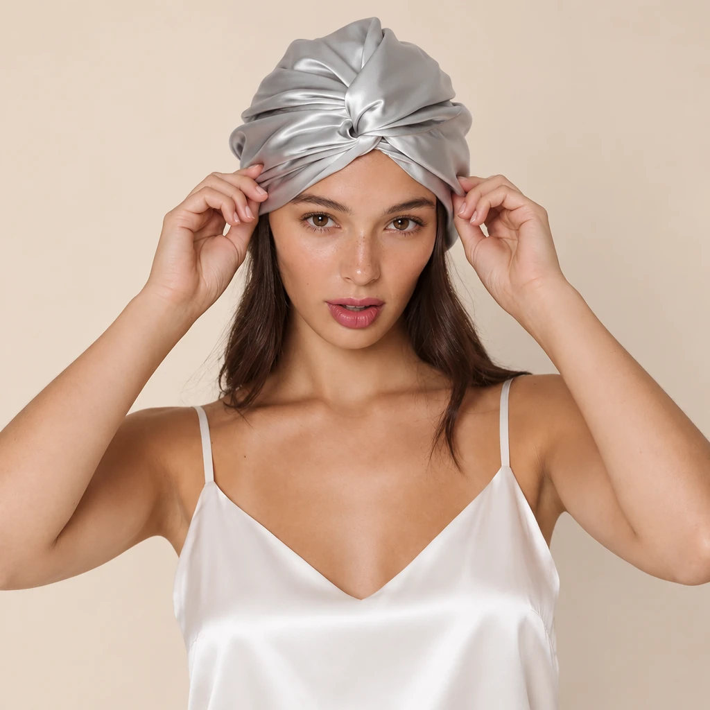 Model wearing Standard Mulberry Silk Bonnet - Silver Mist