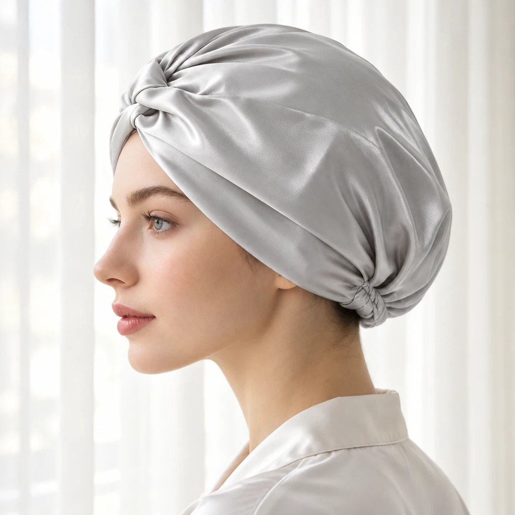 Standard Mulberry Silk Bonnet - Silver Mist - Side-profile contour and fit photograph