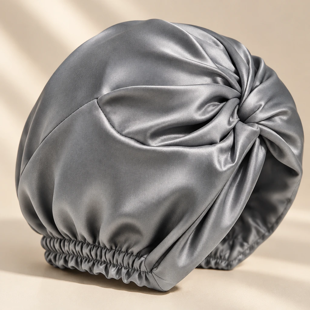 Standard Mulberry Silk Bonnet - Slate Grey - Criss-cross knot and silk texture detail
