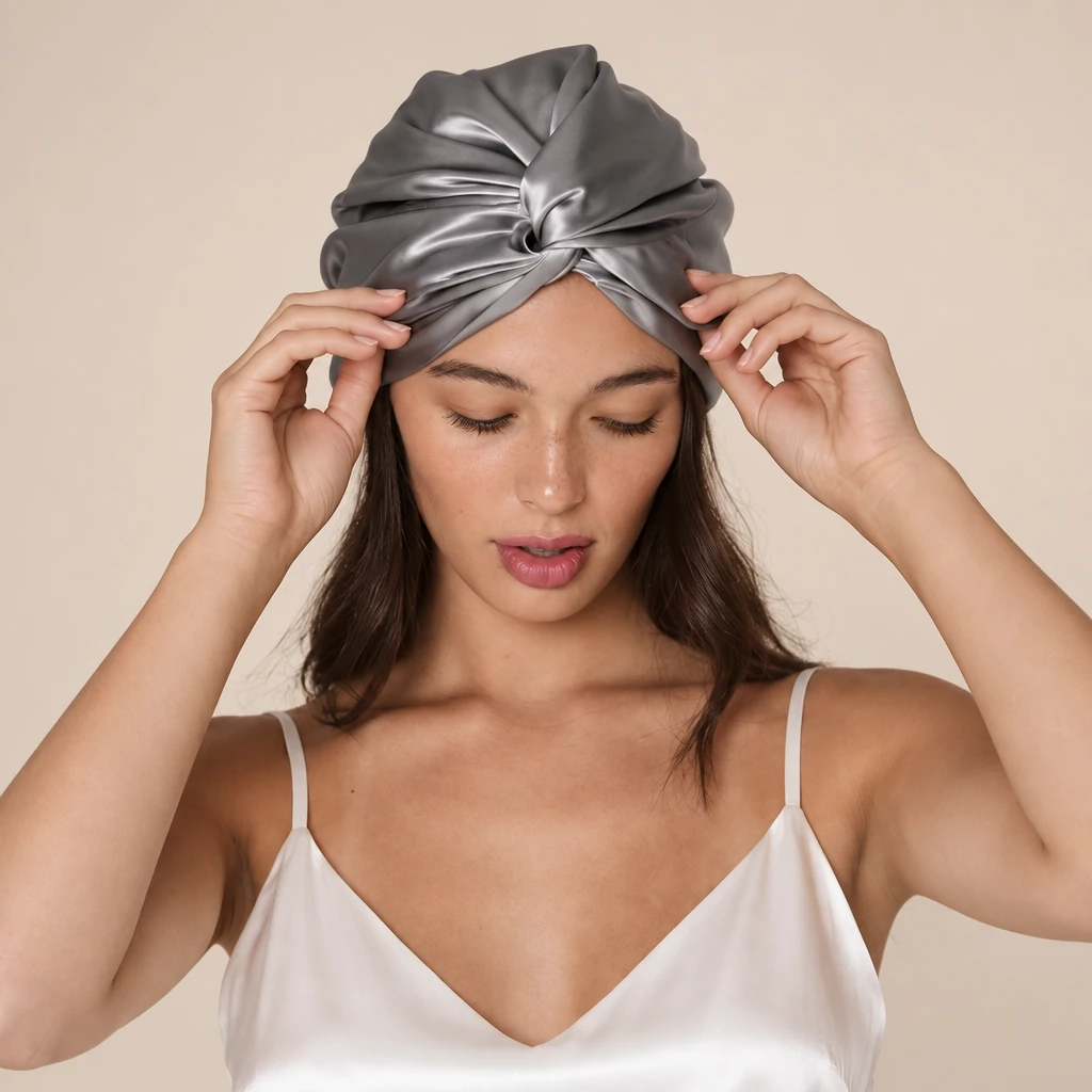 Model wearing Standard Mulberry Silk Bonnet - Slate Grey