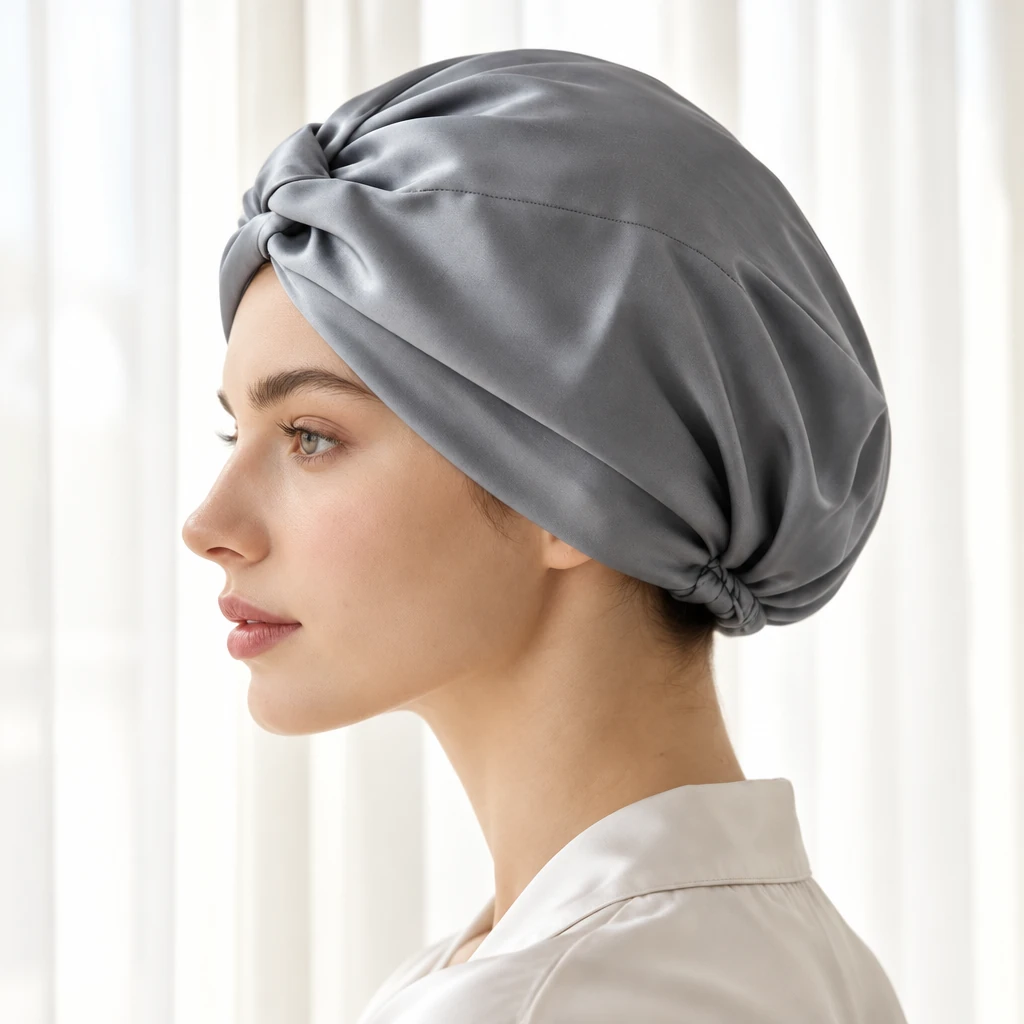 Standard Mulberry Silk Bonnet - Slate Grey - Side-profile contour and fit photograph