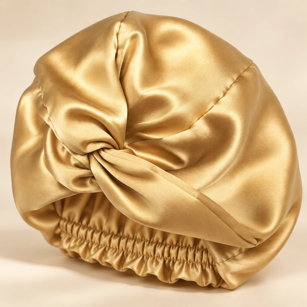 Standard Mulberry Silk Bonnet - Warm Gold - Criss-cross knot and silk texture detail