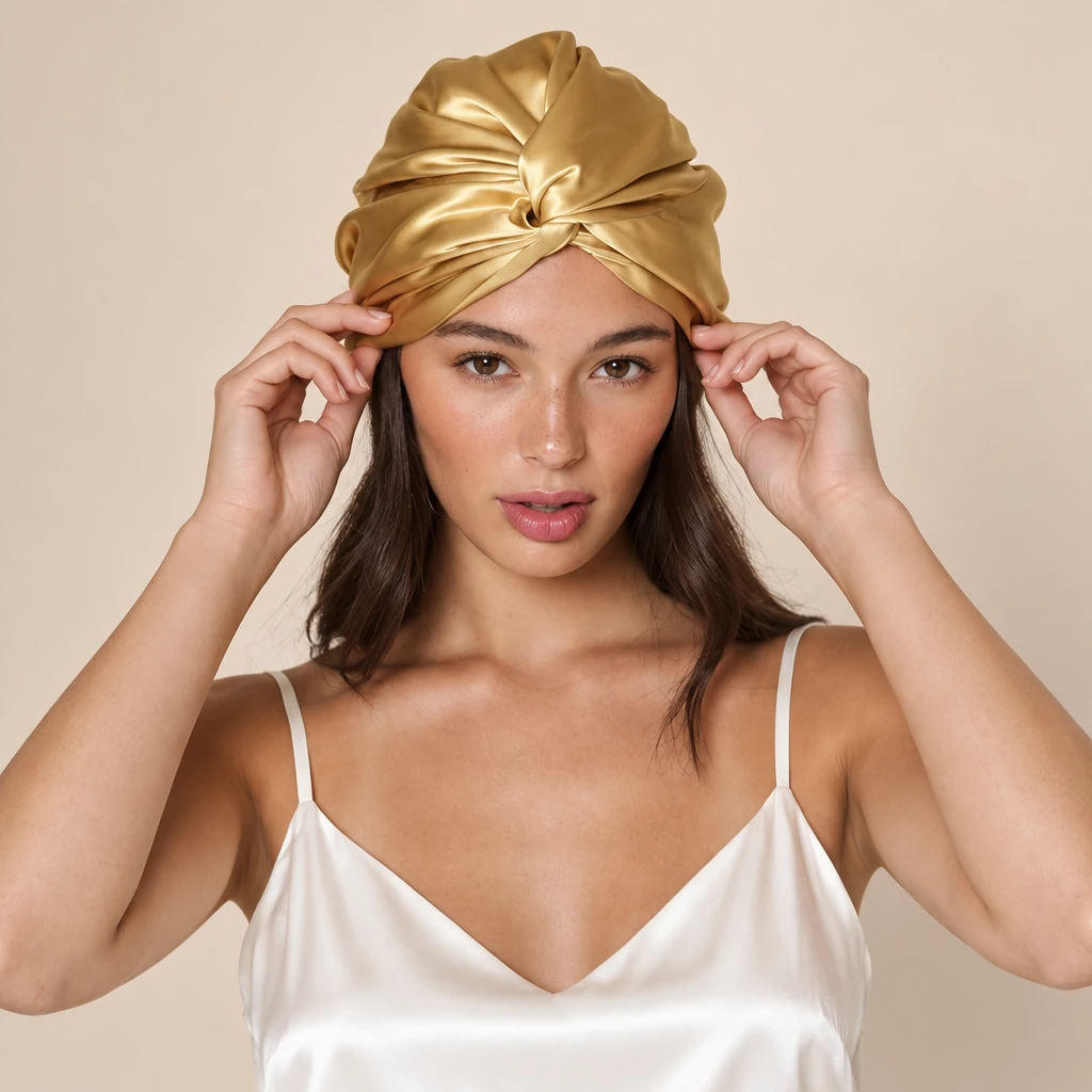 Model wearing Standard Mulberry Silk Bonnet - Warm Gold