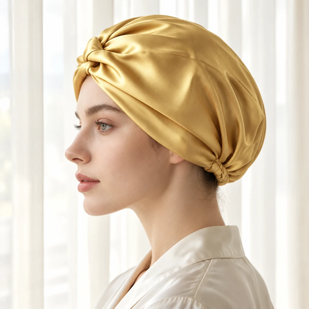 Standard Mulberry Silk Bonnet - Warm Gold - Side-profile contour and fit photograph